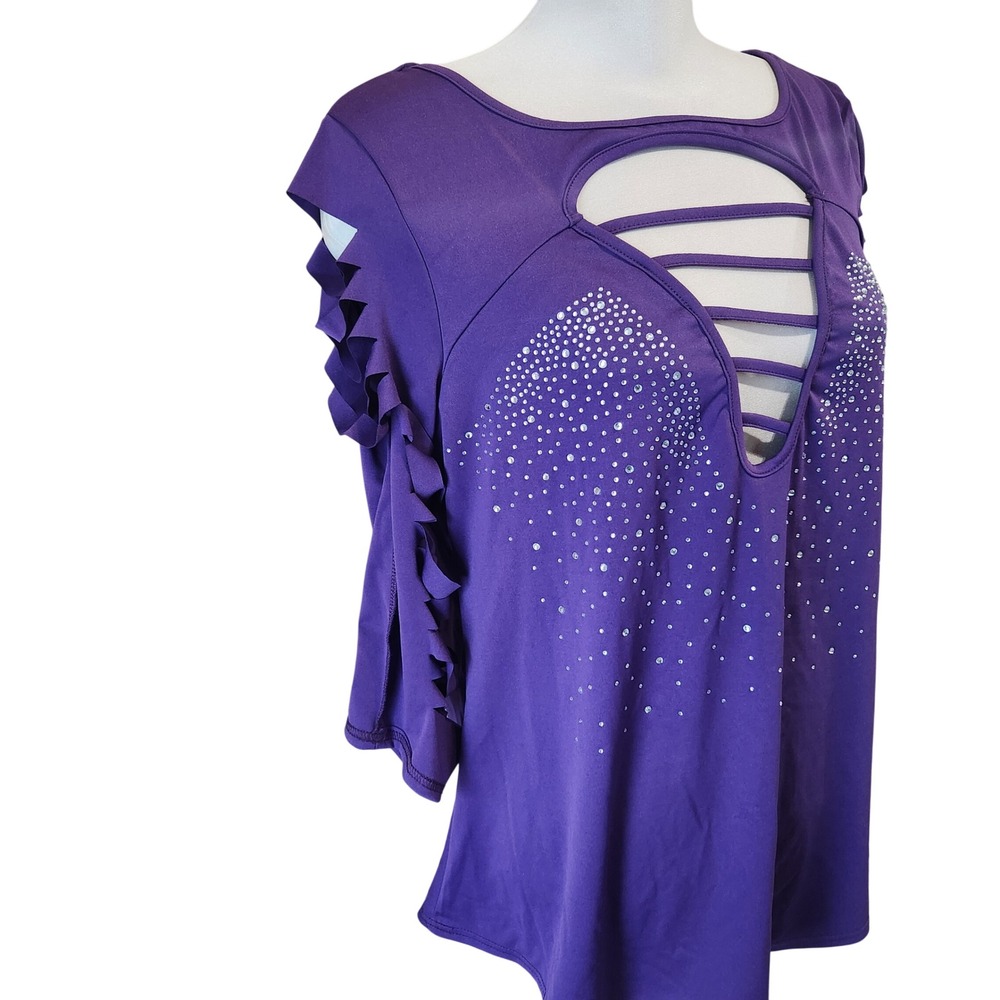 Purple Rhinestone Cage Neck Cutout Ruffle Sleeve Knit Top Clubwear